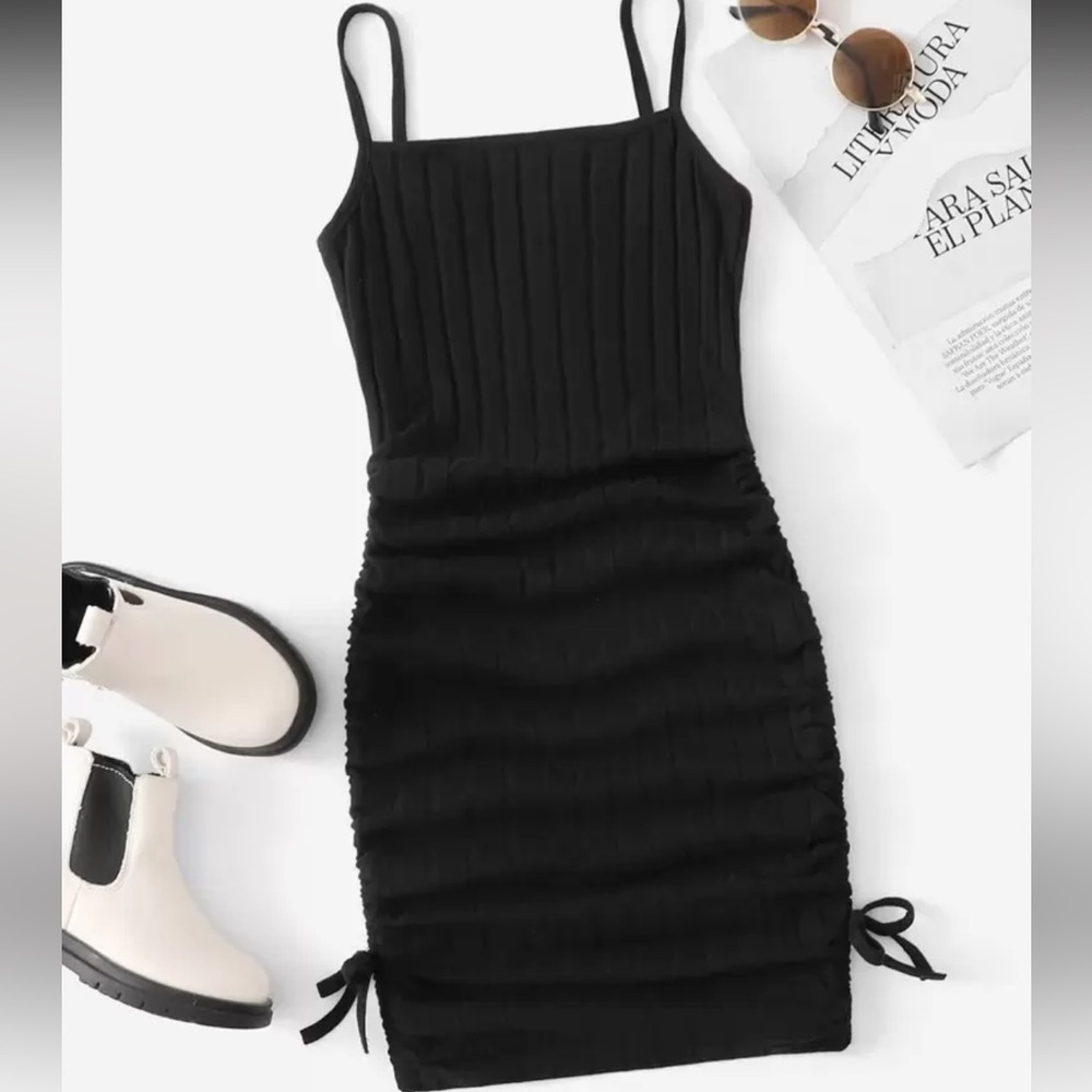 Girls Drawstring Side Rib-knit Black Ruched Cami Dress Size 11/12 youth